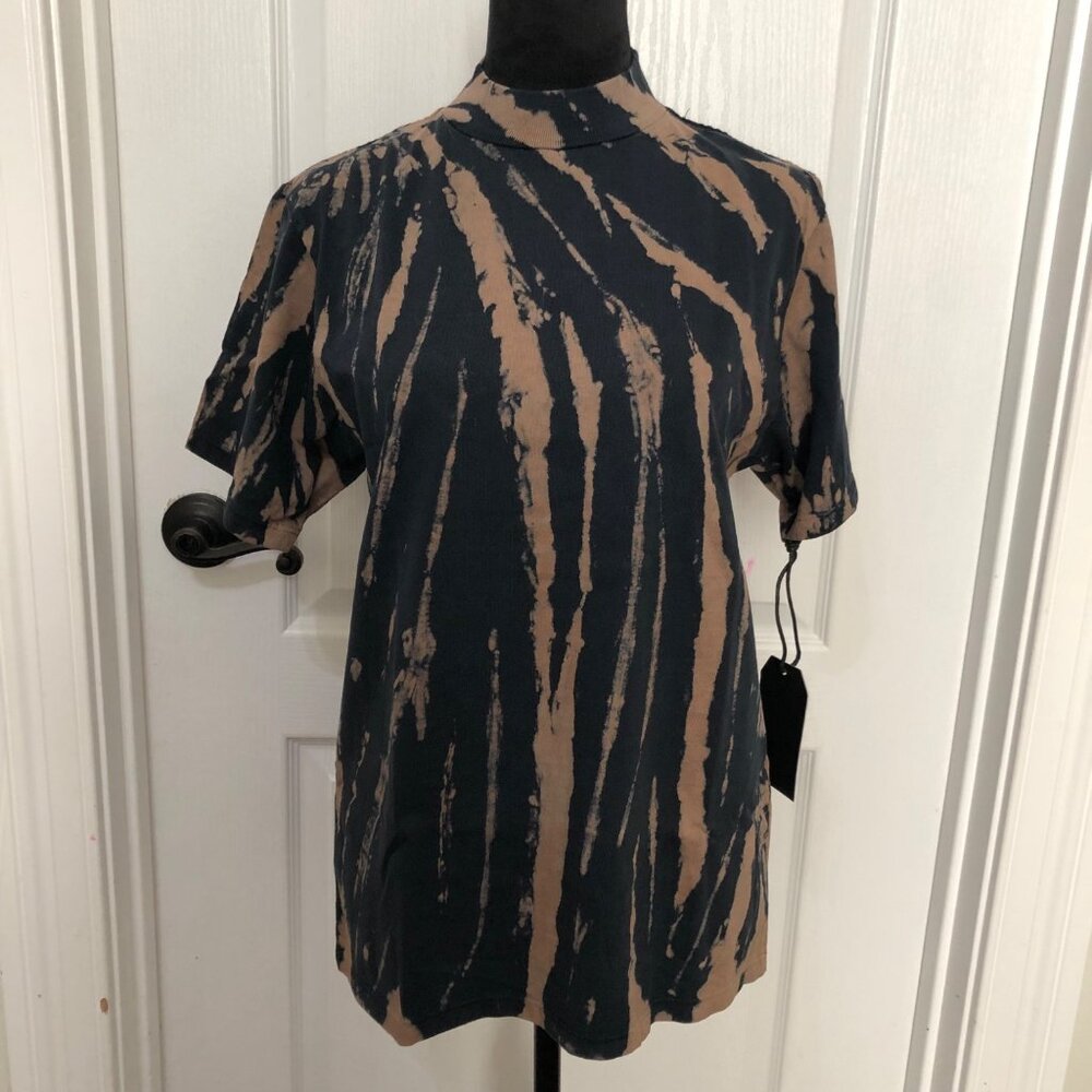 Les‎ Tien Mock Neck Tiger Stripe Bleach Dye Cotton T-Shirt Black Tan Size XS NEW